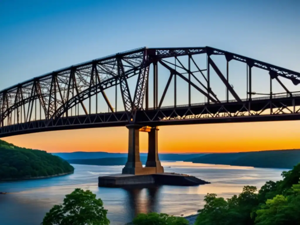 El puente Henry Hudson destaca al atardecer sobre el río Hudson, mostrando su historia y arquitectura con majestuosidad y belleza atemporal