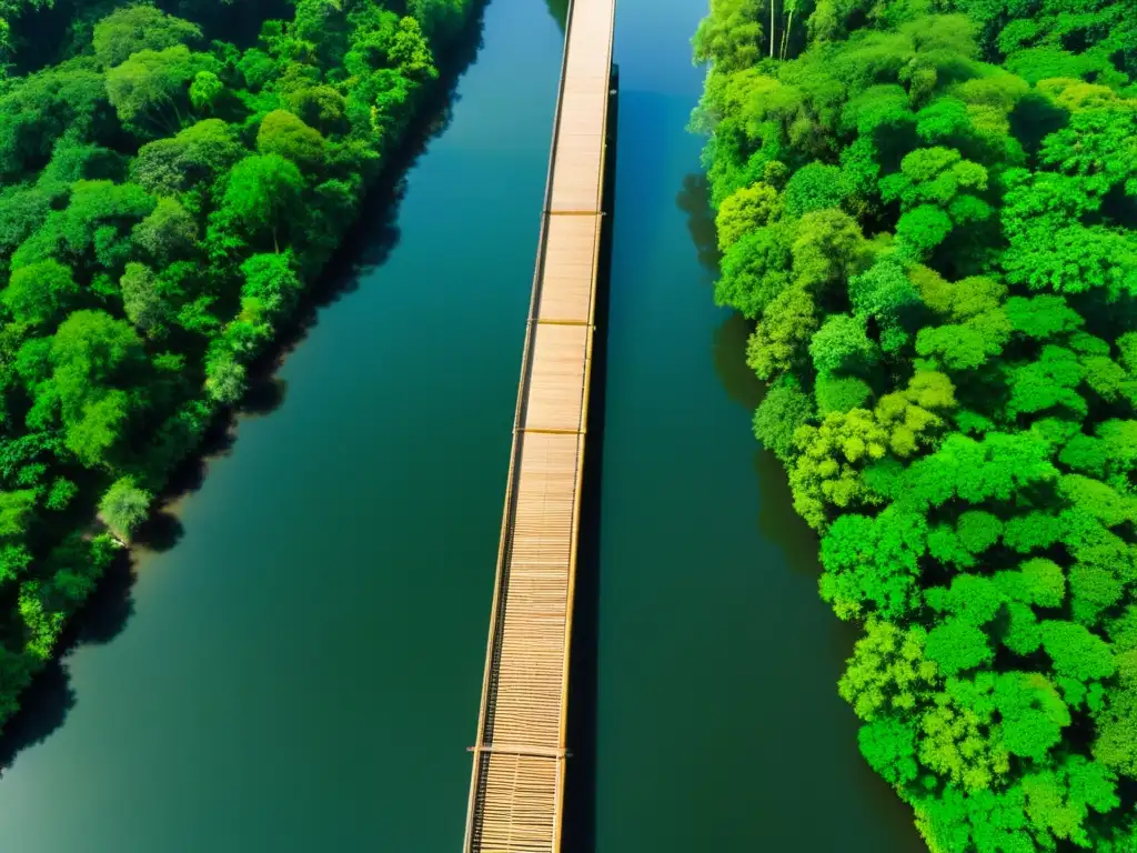 Un puente de bambú moderno y elegante cruza un río entre exuberante vegetación, resaltando la ingeniería contemporánea con bambú