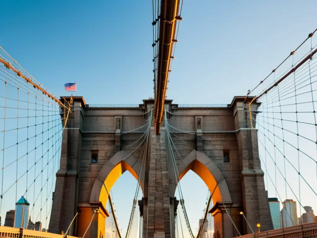 'El Puente de Brooklyn se baña en el cálido resplandor del atardecer, resaltando su arquitectura icónica y detallada, con el horizonte urbano de fondo