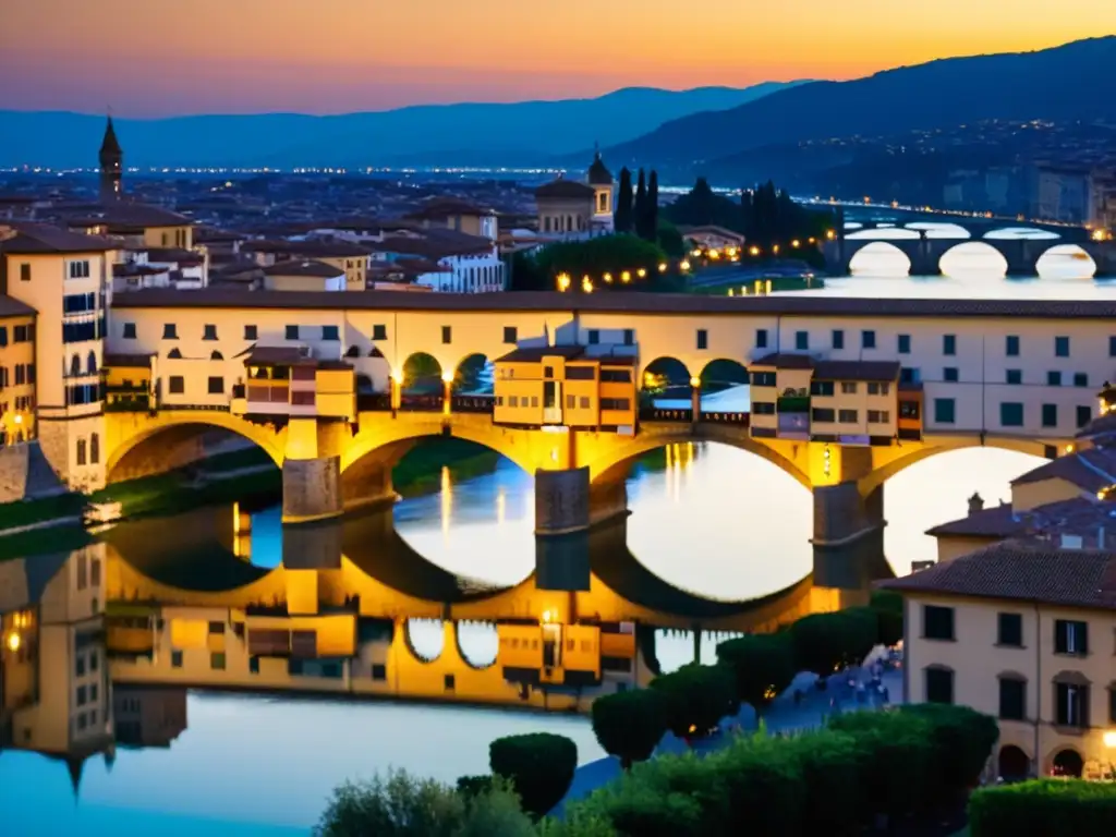 El Puente de Santa Trinita bañado por la cálida luz del atardecer, resaltando su historia artística y su belleza arquitectónica sobre el río Arno