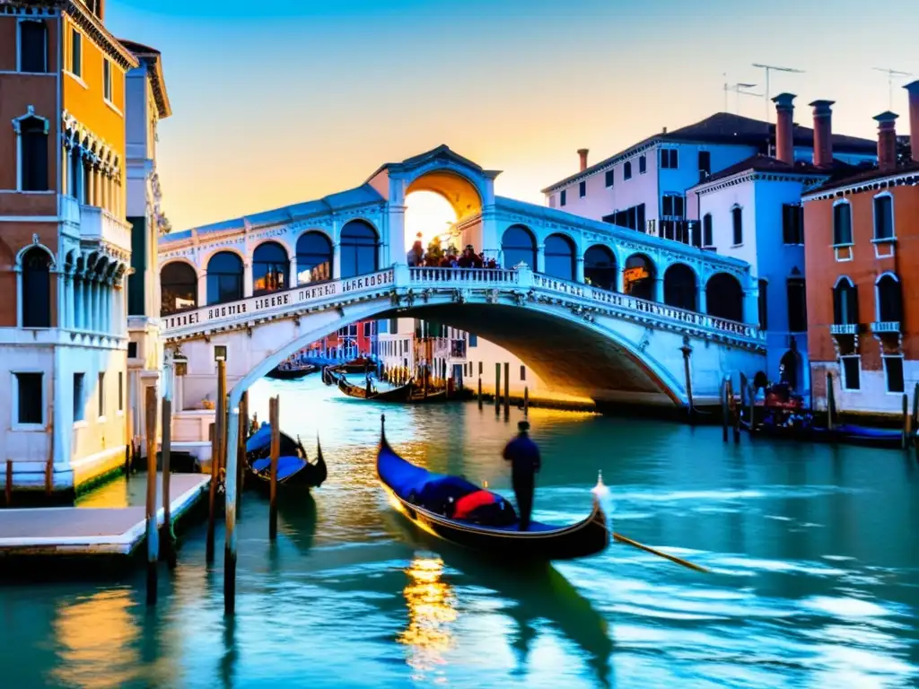 El Puente de la Academia Venecia bañado por la cálida luz dorada del atardecer, con góndolas navegando en el tranquilo Canal Grande