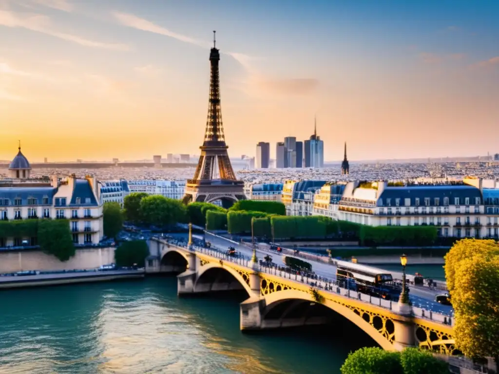 Puente del Beso en París al atardecer con la Torre Eiffel de fondo, creando un ambiente romántico