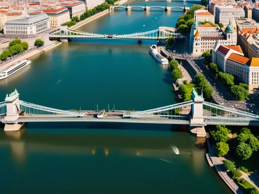 Simulación 3D del Puente de las Cadenas de Budapest en una detallada imagen de 8k, mostrando la arquitectura intrincada y el río Danubio