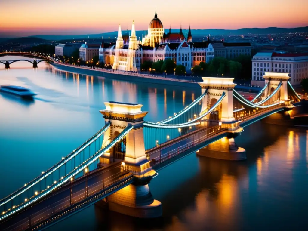 Simulación 3D del Puente de las Cadenas de Budapest: detalle majestuoso del icónico puente sobre el Danubio, con juegos de luz y sombra