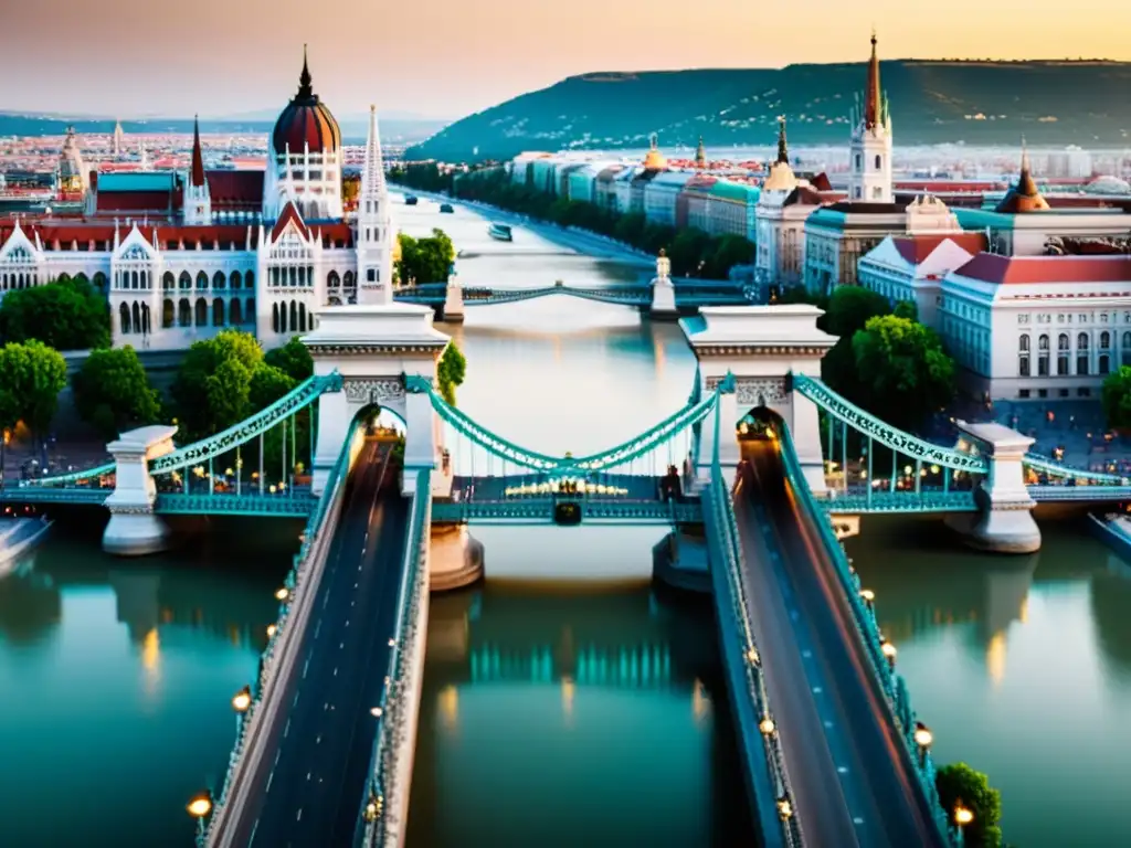 Simulación 3D del Puente de las Cadenas de Budapest: Detalles arquitectónicos, leones majestuosos y paisaje histórico a orillas del Danubio