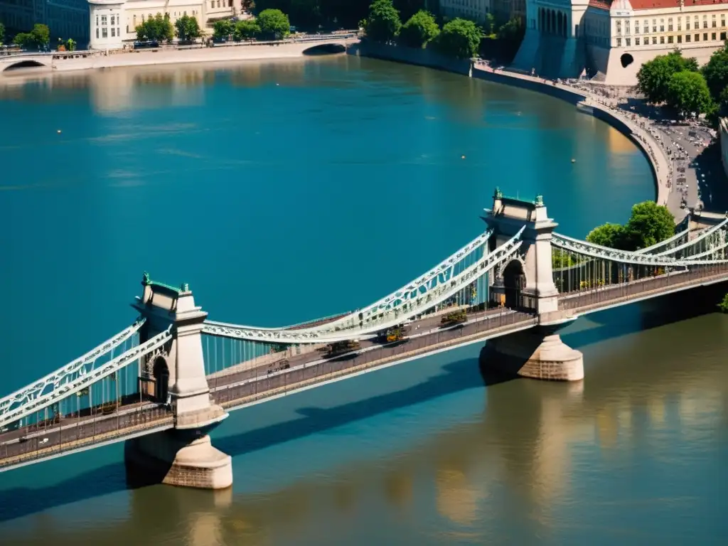 Simulación 3D del Puente de las Cadenas de Budapest: Detalles históricos, majestuosa arquitectura y juego de luces en la estructura sobre el río Danubio