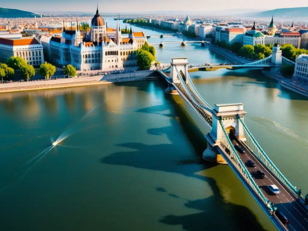 Simulación 3D del Puente de las Cadenas de Budapest, resaltando su grandeza histórica, arquitectura detallada y juego de luces