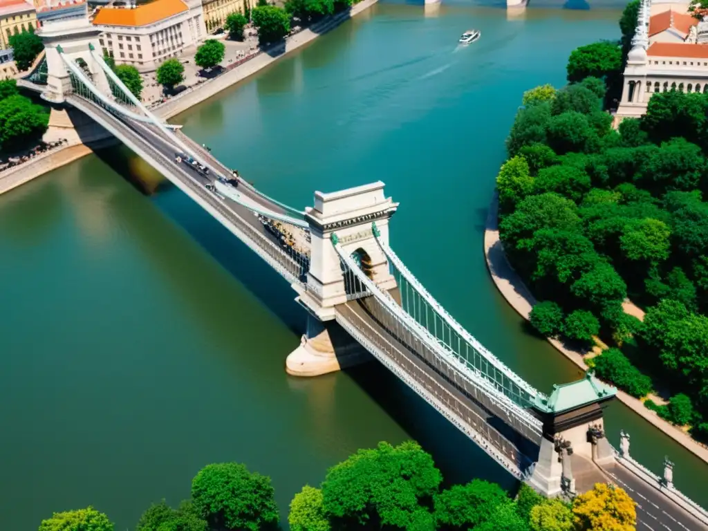 Simulación 3D del Puente de las Cadenas de Budapest: Majestuosa vista aérea del icónico puente gótico sobre el río Danubio al atardecer