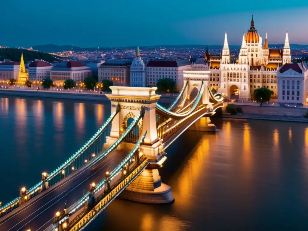 Simulación 3D del Puente de las Cadenas de Budapest, capturando su majestuosidad y detalles arquitectónicos con una iluminación experta