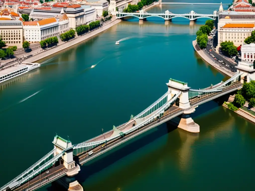 Simulación 3D del Puente de las Cadenas de Budapest, majestuoso sobre el río Danubio, conectando la ciudad en detalle