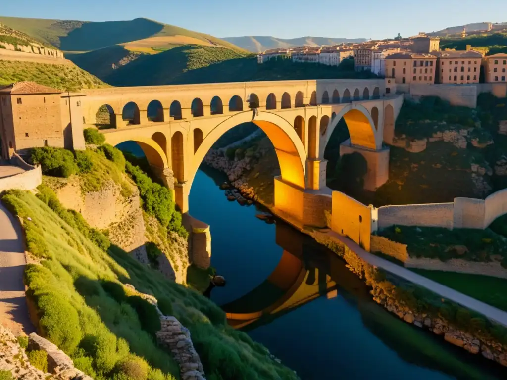 El Puente de Alcántara en la cálida luz del atardecer, con sus arcos romanos creando sombras dramáticas en el terreno