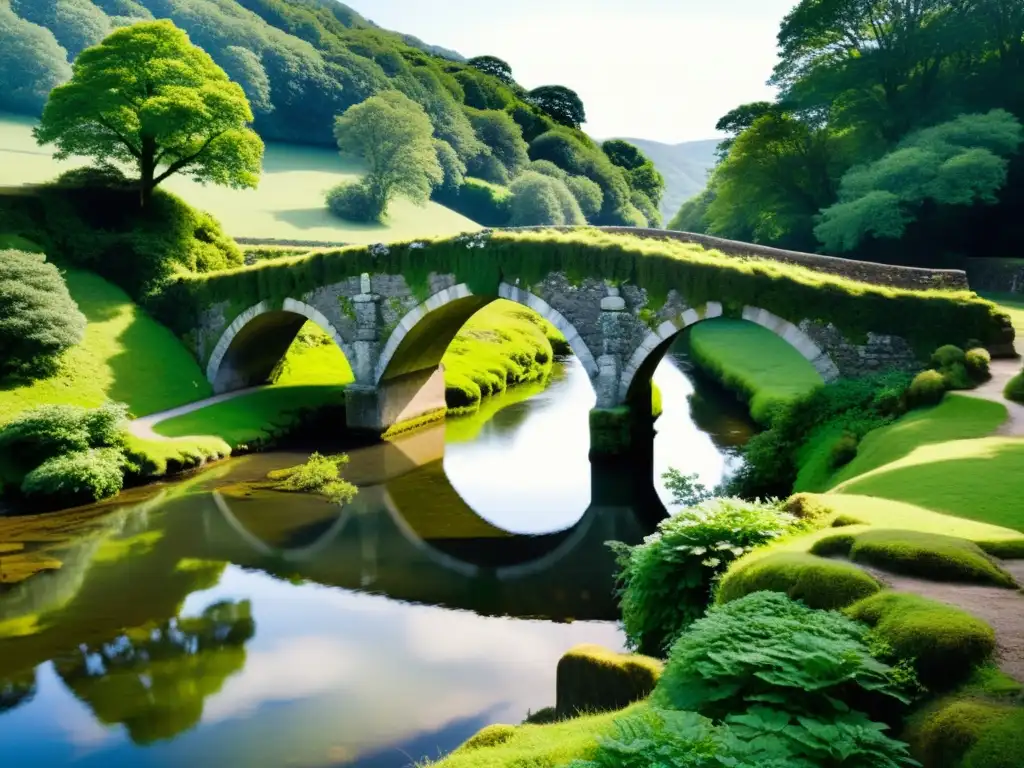 Un puente de piedra centenario cubierto de musgo sobre un río tranquilo en un paisaje verde exuberante