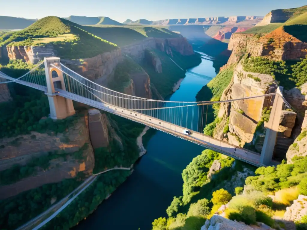 Un puente colgante de diseño avanzado se destaca sobre un majestuoso cañón al atardecer, integrándose armónicamente con el entorno natural