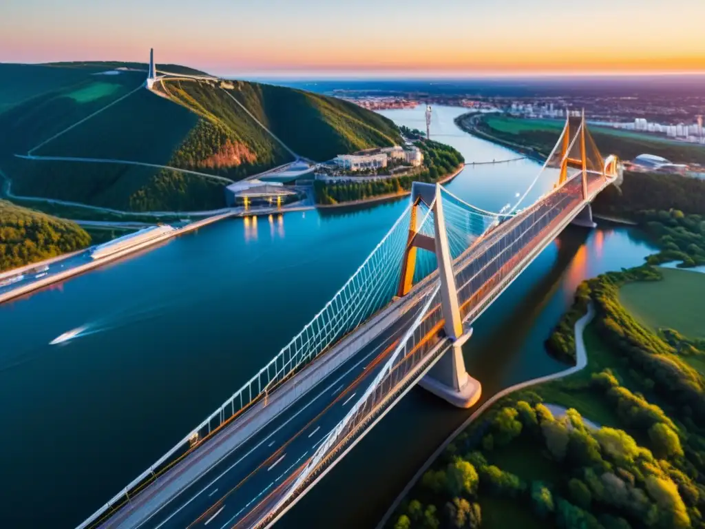 Un puente colgante de diseño avanzado destaca contra un vibrante atardecer, mostrando su elegante estructura y cables