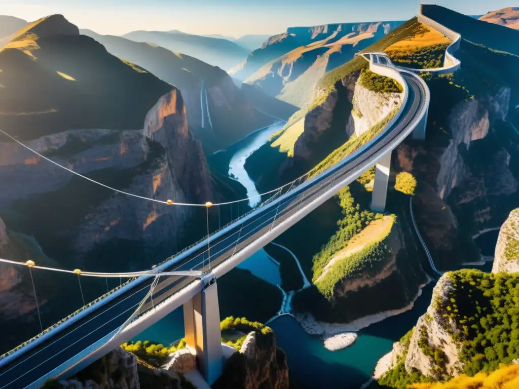 Un puente colgante con cables de fibra se destaca en un paisaje montañoso y bañado por la cálida luz dorada del sol