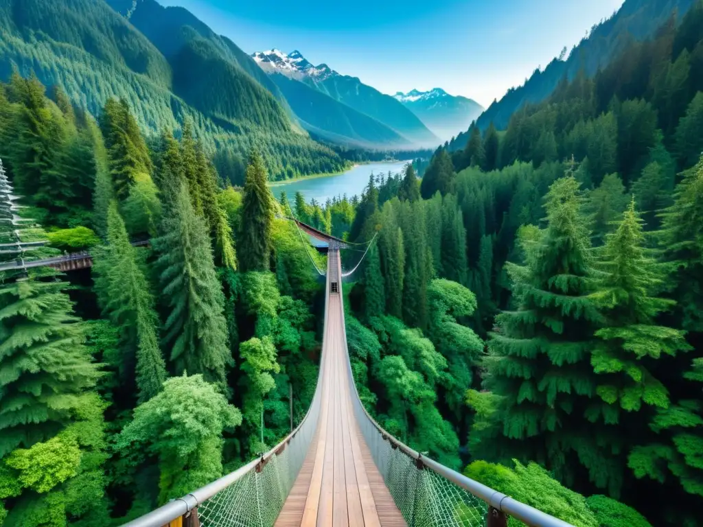 Un puente colgante Capilano muestra historia y resistencia en un paisaje natural impresionante de montañas y bosque exuberante