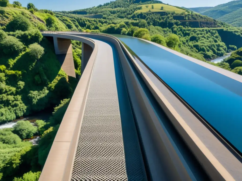Puente de Basalto Reforzado: Elegante y Resistente Un puente de concreto reforzado con fibras de basalto destaca su resistencia y durabilidad sobre un río, integrado en un entorno natural exuberante
