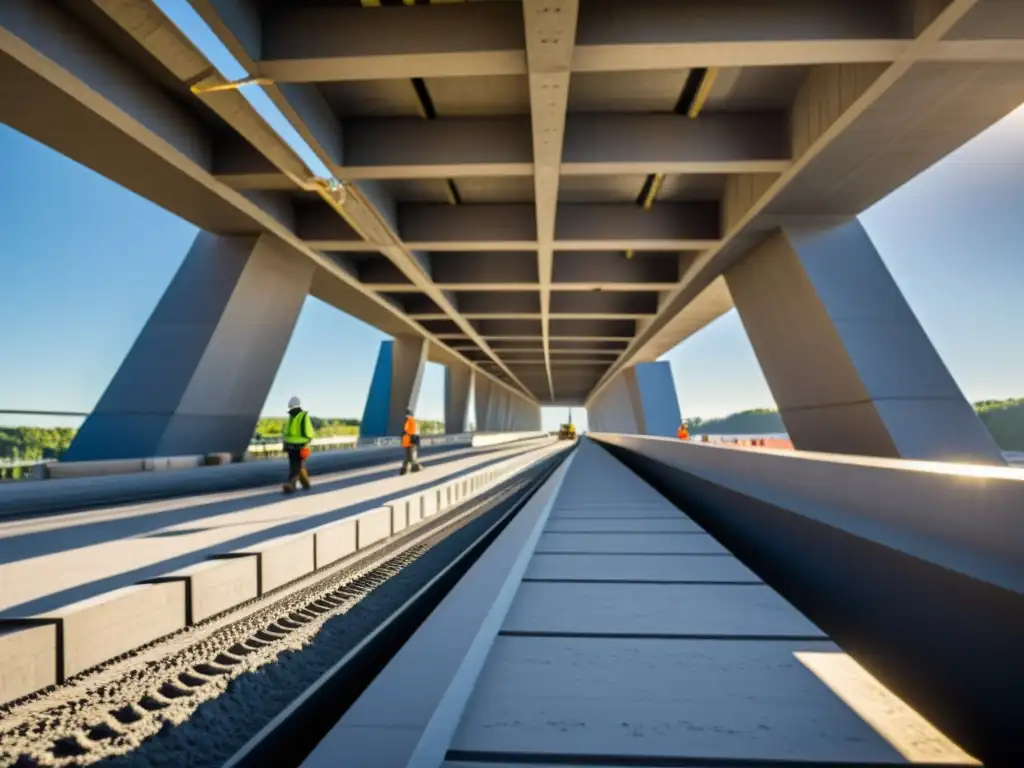 Un puente en construcción revela el impacto de la nanotecnología en puentes, con detalles nítidos y trabajadores implementando materiales avanzados