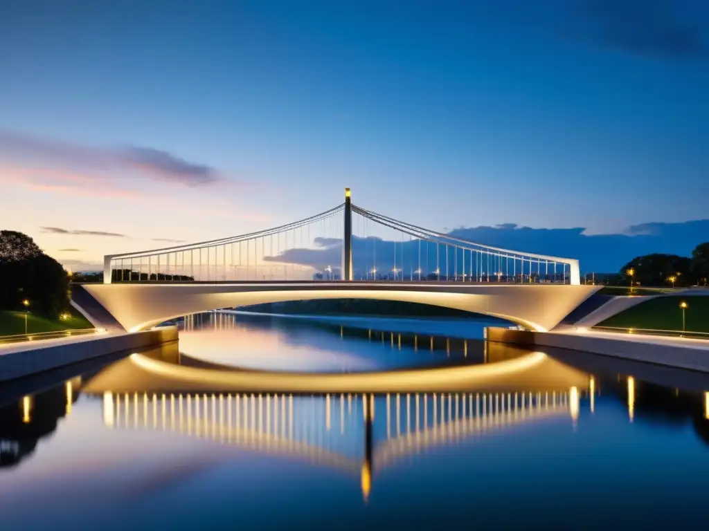 Puente contemporáneo iluminado por la suave luz cálida sobre el río, reflejándose en el agua tranquila