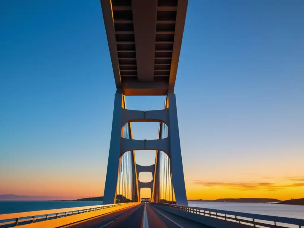 El puente costero al atardecer, con exposiciones de arte, reflejado en el agua, une la ciudad con ingenio y belleza