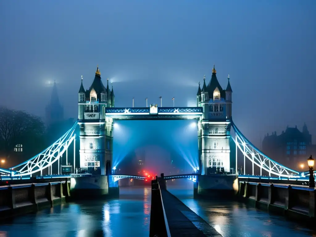 Un puente cubierto de niebla en Londres con un aura misteriosa y figuras fantasmales