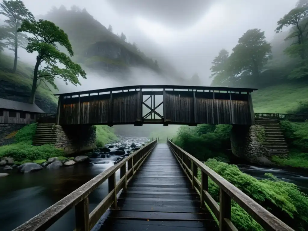 Un puente cubierto por la niebla en un escenario sombrío, evocando misterio y suspenso