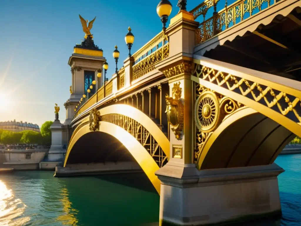 Puente de Alejandro III en París: detalladas esculturas doradas y farolas ornamentadas, reflejando la grandiosidad y elegancia del puente