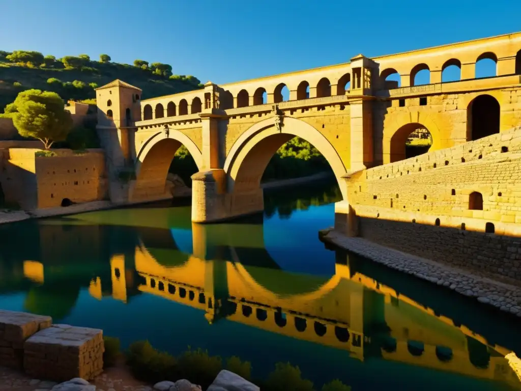 Visualización 3D del Puente de Alcántara: detalle arquitectónico, textura de piedra y grandiosidad atemporal, con paisaje histórico