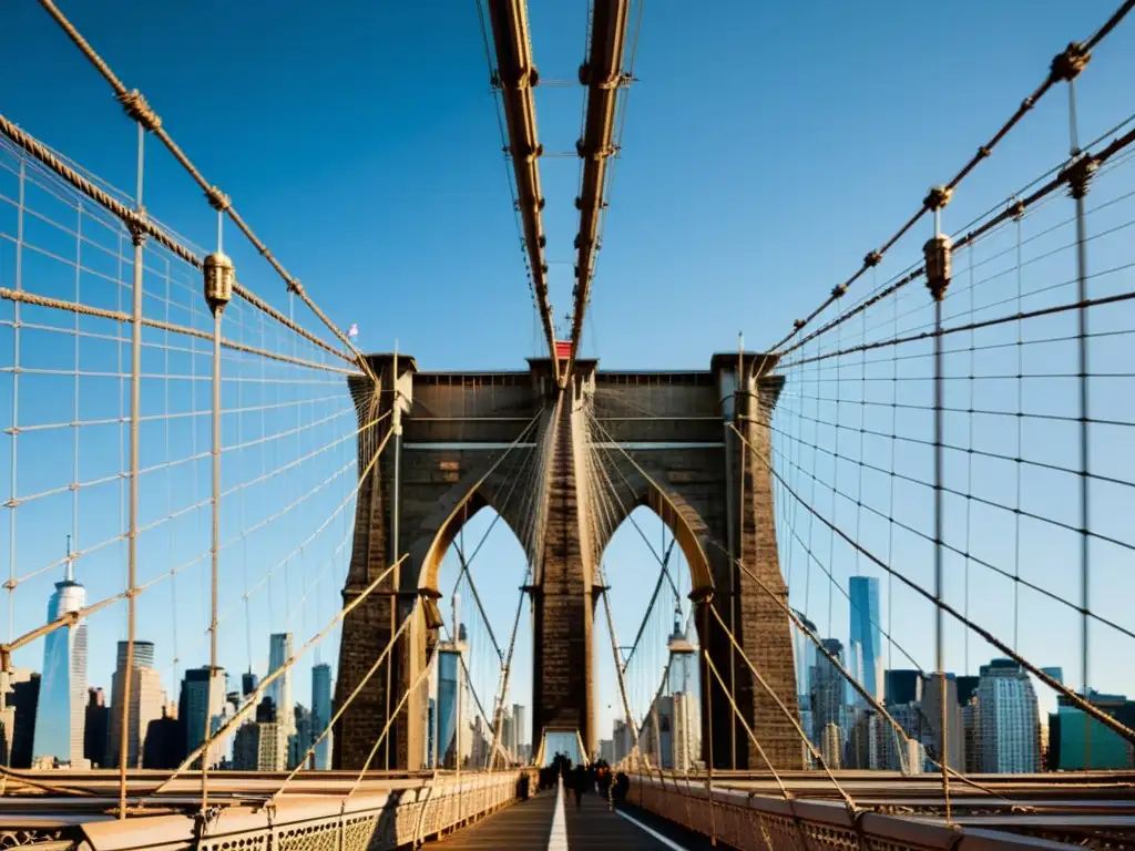 Una fotografía de alta resolución del Puente de Brooklyn en Nueva York, destacando los detalles arquitectónicos y las intrincadas cuerdas de acero