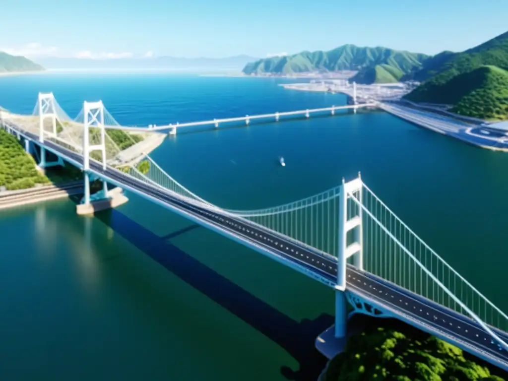 Animación 3D del Puente Akashi Kaikyo, mostrando su diseño intrincado y su escala masiva, con detalles de su construcción y entorno realista