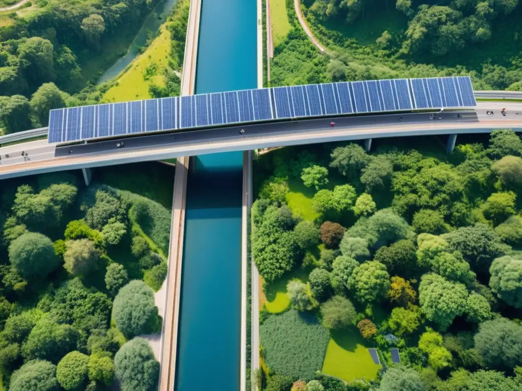 Un puente ecoamigable que se funde con el paisaje, mostrando la innovación en la construcción de puentes ecoamigables