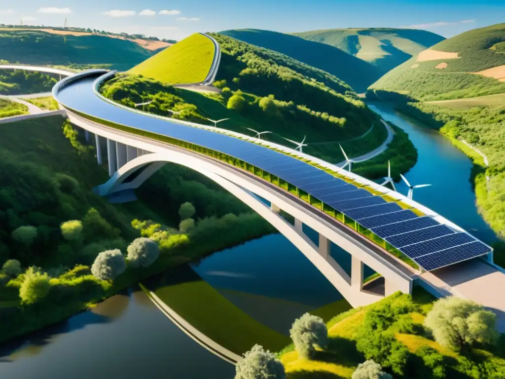 Un puente ecoamigable sobre un valle vibrante, con diseño sostenible, paneles solares y vegetación