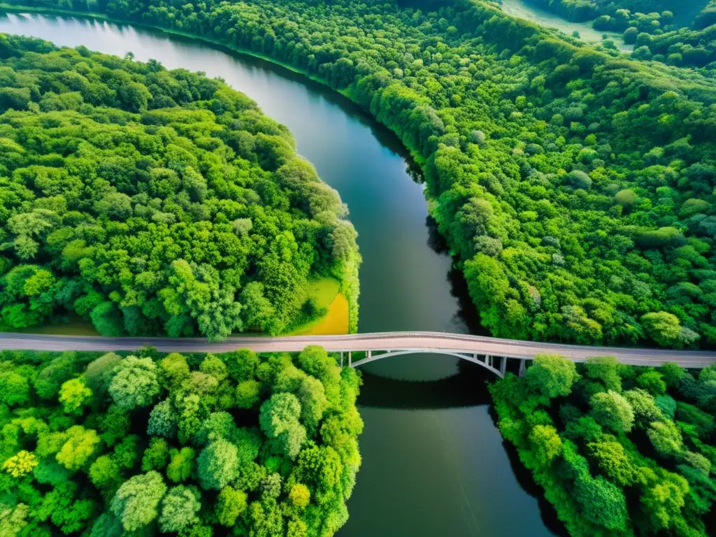 Un puente ecológico: costos y beneficios, cruza un río vibrante rodeado de exuberante vegetación bajo el cálido sol