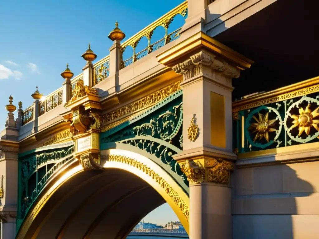 El Puente de Alejandro III en París luce elegancia con sus detalladas esculturas doradas, bañadas por la cálida luz de la tarde sobre el río Sena