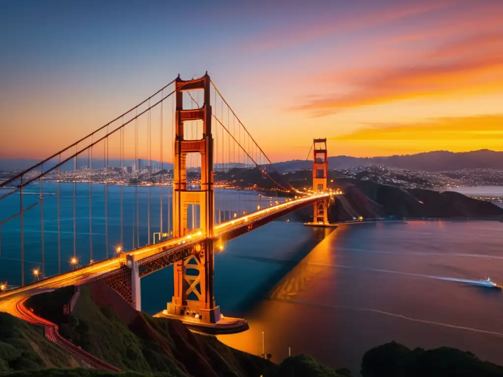 Fotografiar el puente emblemático al atardecer, bañado por el cálido resplandor dorado del sol poniente y el reflejo en el agua