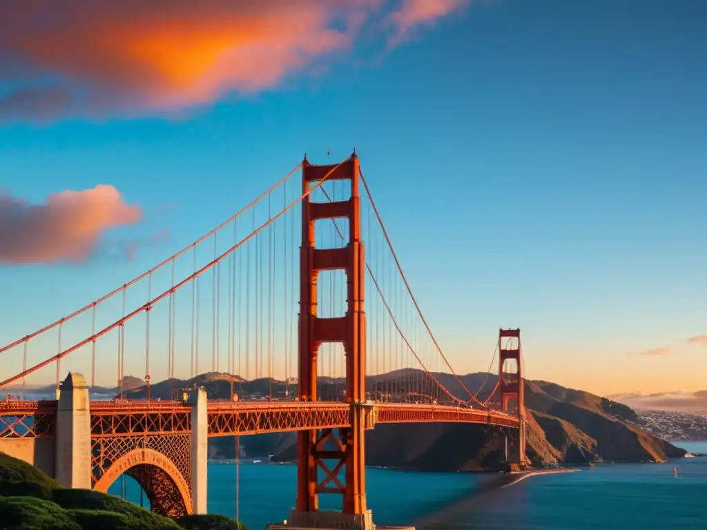 El puente emblemático para enamorados: el atardecer en la icónica estructura del Golden Gate, con sus tonos rojo-naranja contra un cielo multicolor