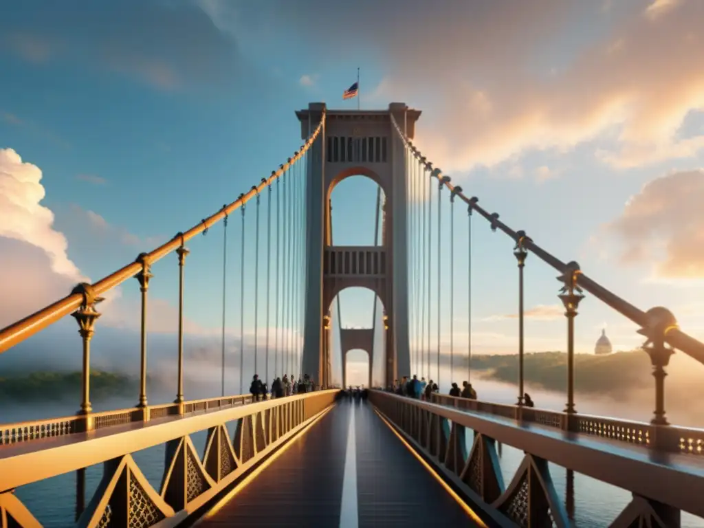 Un puente emblemático rodeado de neblina, con gente experimentando realidad aumentada para descubrir su historia y detalles arquitectónicos