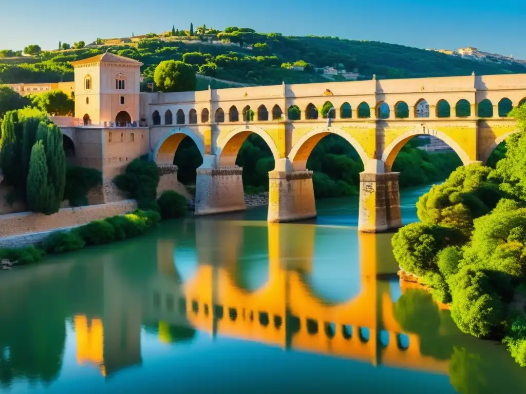 El Puente de Alcántara se destaca en su entorno natural, con detalle y calidez al atardecer, mostrando su importancia en el ecosistema