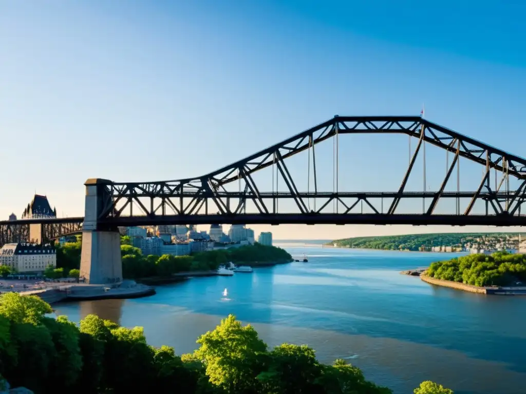 El Puente de Quebec muestra su estructura de travesías de acero sobre el río San Lorenzo, resaltando su importancia histórica y belleza arquitectónica