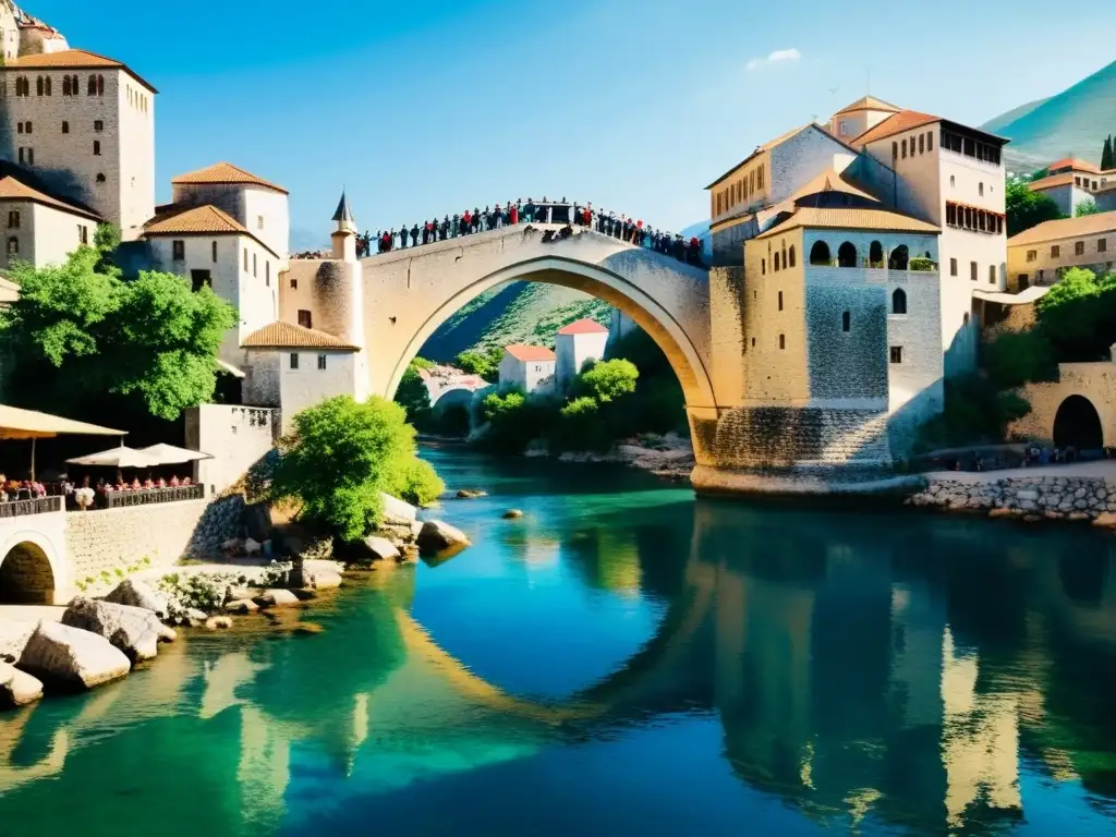 Puente de Mostar en eventos conmemorativos con atmósfera histórica y vibrante, visitantes y locales reunidos