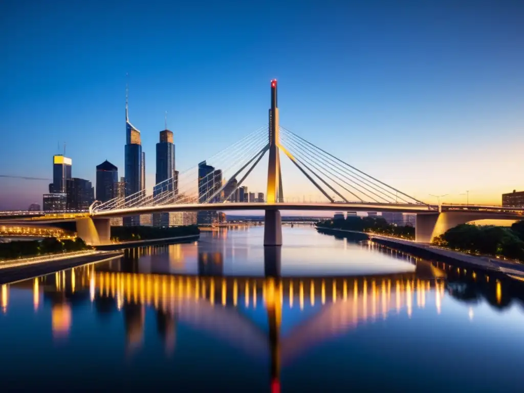 Un puente futurista bañado por la cálida luz del atardecer y reflejos urbanos