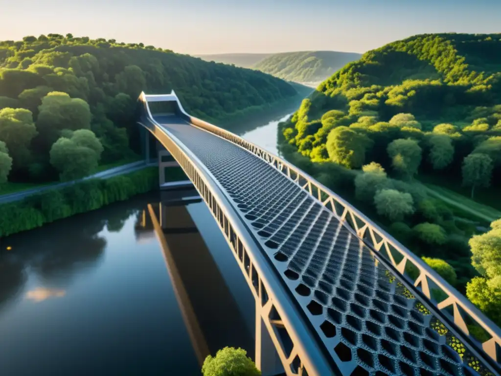 Un puente futurista de grafeno para puentes resistentes se eleva sobre un río, rodeado de exuberante vegetación