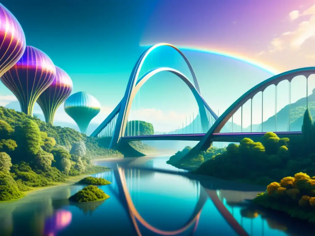 Un puente futurista se extiende sobre un mundo alienígena, con diseños brillantes y un paisaje mágico