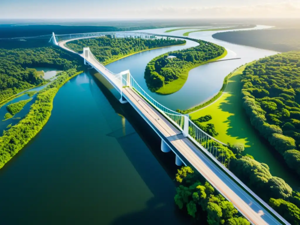 Un puente futurista se integra armoniosamente con la naturaleza, reflejando innovación en el diseño de puentes y gamificación en su construcción