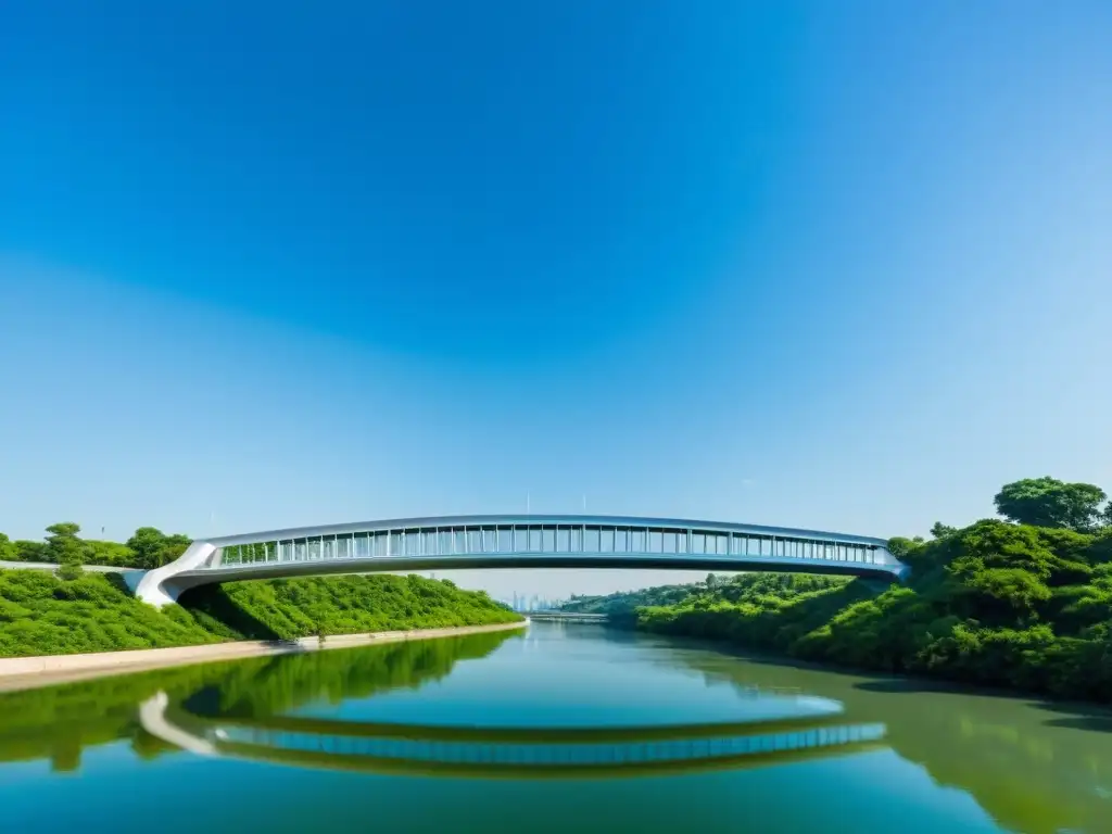 Un puente futurista y resistente al cambio climático se alza sobre un río, enmarcado por exuberante vegetación y cielos azules despejados