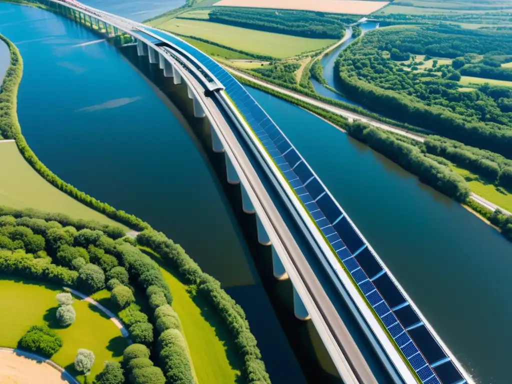 Un puente futurista sobre un río, con diseño innovador y tecnología de energía renovable