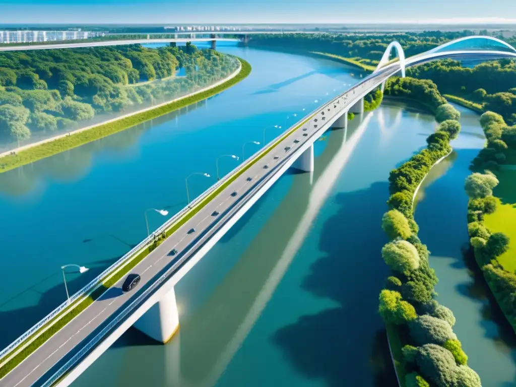 Un puente futurista sobre un río, rodeado de vegetación, con personas caminando y pedaleando