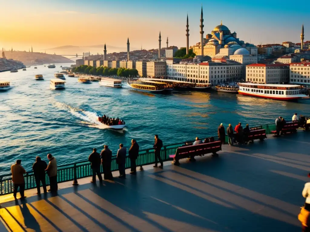 Puente Galata en Estambul, bullicio de pescadores y vida urbana, bañados por luz dorada