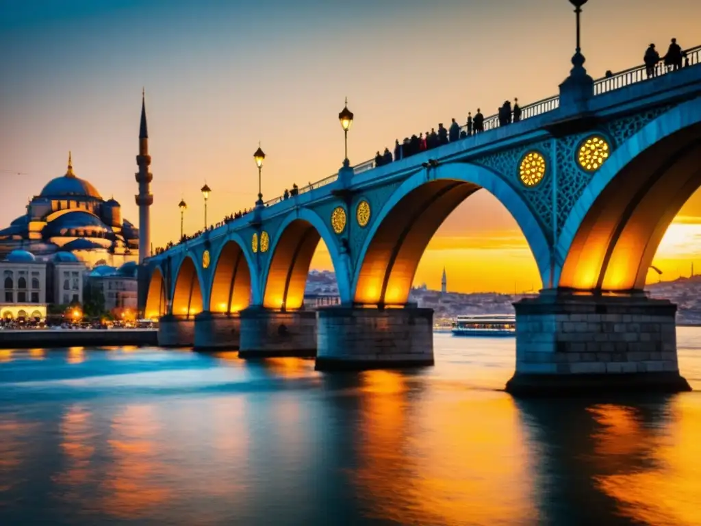 El Puente Galata en Estambul se ilumina con la cálida luz del atardecer, reflejándose en el agua, mientras la ciudad y los barcos añaden vida