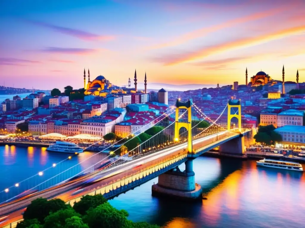 El Puente Galata en Estambul, Turquía, se alza majestuoso ante un vibrante atardecer